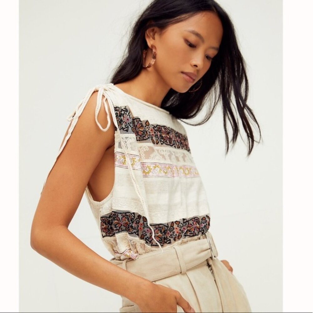 Free People Medley Drawstring Striped Lace Top